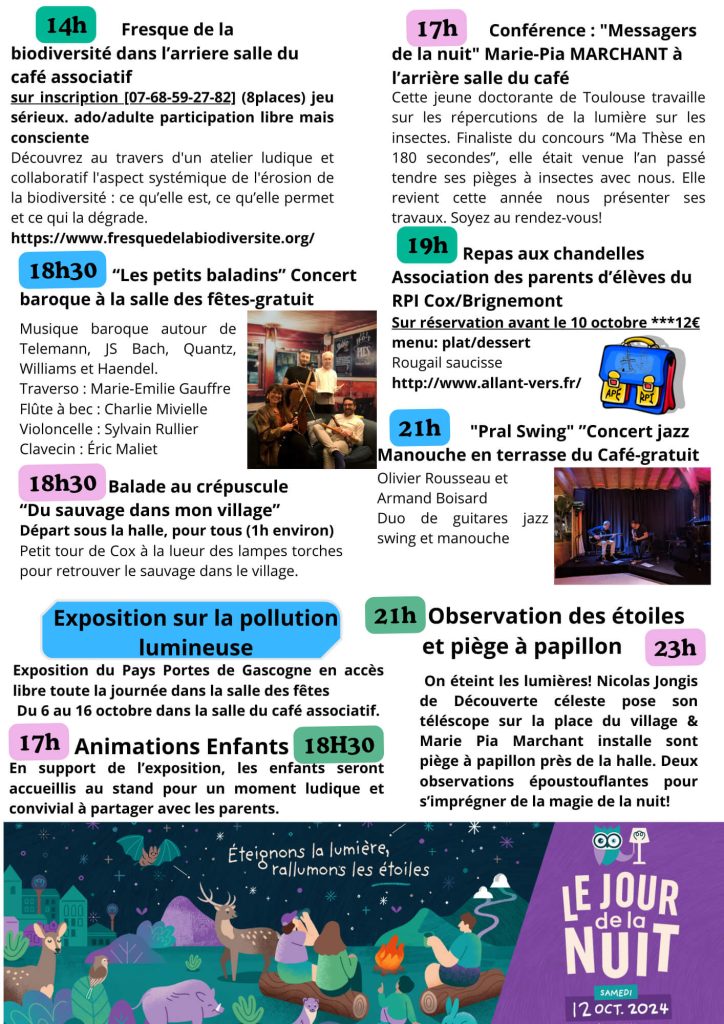 Allant Vers Cox, programme detaillée Le jour de la nuit 2024