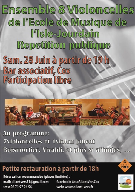 Allant Vers, Affiche répétition publique ensemble 8 Violoncelles l'Isle Jourdain